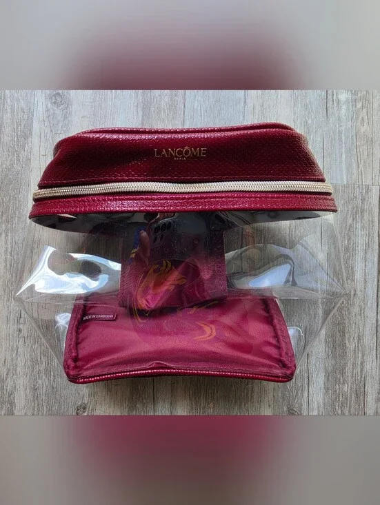 Lancome Red & Clear Makeup Bag / Cosmetic Bag with Top Handle NWT