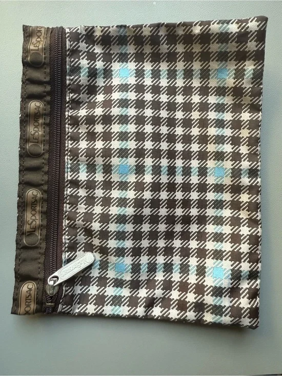 LeSportsac Plaid Zip Cosmetic Makeup Travel Pouch Brown Blue