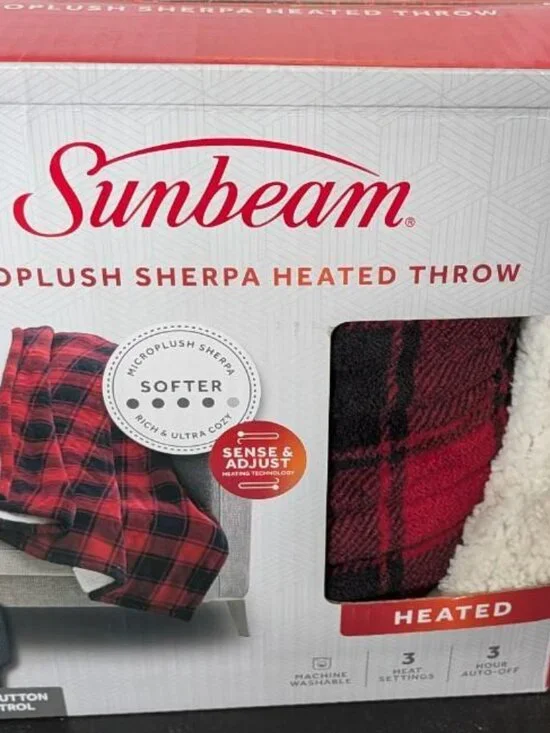 Sunbeam Microplush Sherpa Heated Electric Throw, Red Buffalo 50