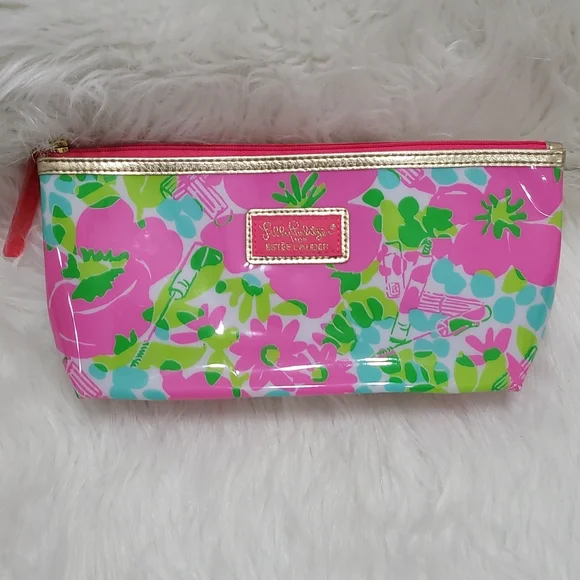 Lilly Pulitzer for Estee Lauder Pink Floral Vinyl Makeup Bag Zip Top