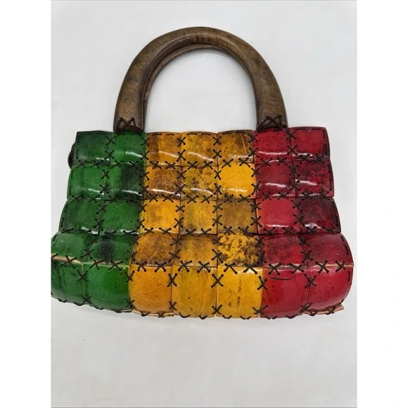 Handmade Handbag Rasta Colors Painted Coconut Wood Beads Reggae Jamaica Boho