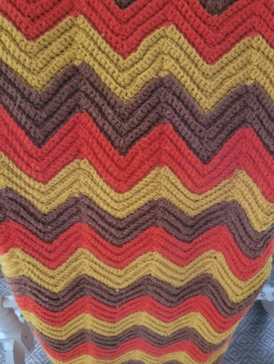 Vintage Handmade Crochet Chevron Afghan Blanket earth tones, eclectic Cottagecor