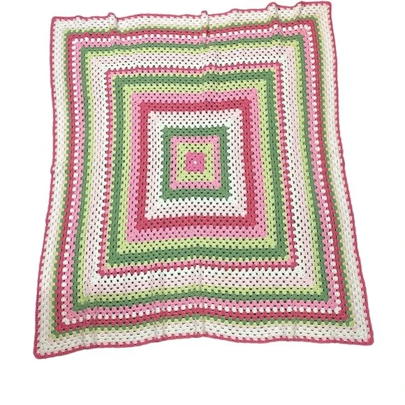Handmade Crochet Granny‎ Square Blanket Baby/Kids Pink Green White