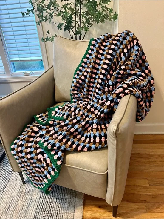 Vintage Handmade Crochet Granny Square Blanket Throw Green Pink 56 in x 56 in