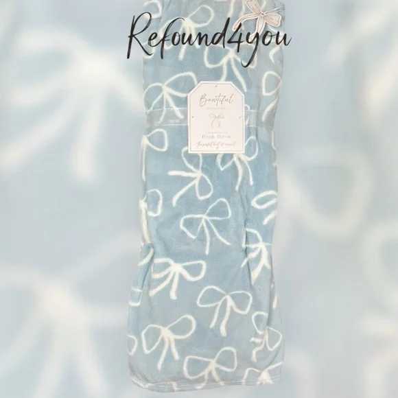 Bowlful - ‘White Bows/ Blue’ Plush Throw. NWT.  Firm! No offers!