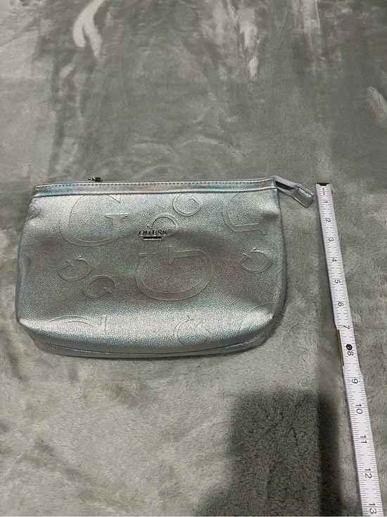 GUESS Silver Iridescent Metallic Logo Cosmetic Makeup Bag Pouch NWOT
