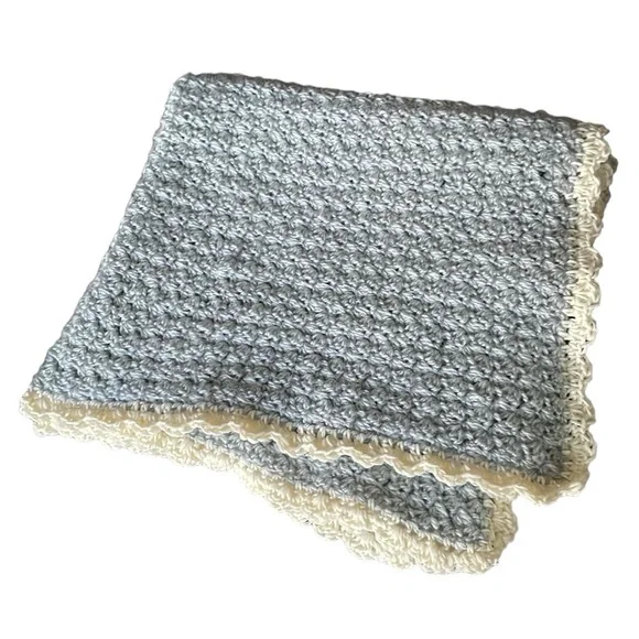 Crocheted Baby Blanket Neutral Grey Cream Border Handmade Handcrafted Infant NEW