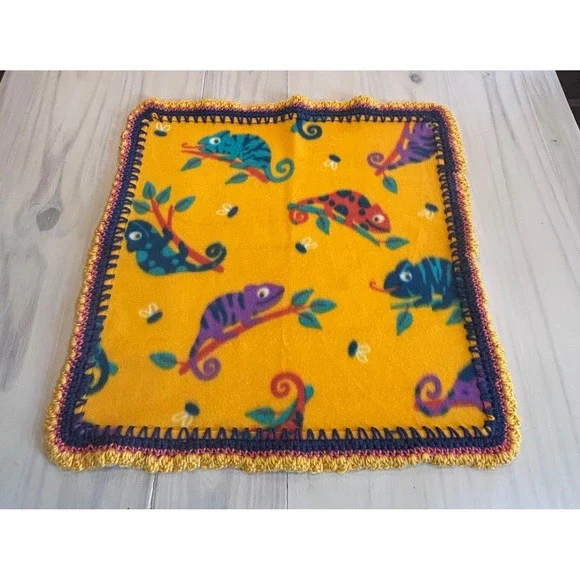 Handmade Chameleon Fleece Baby Blanket Yellow Crochet Trim 21x21 Small Security‎