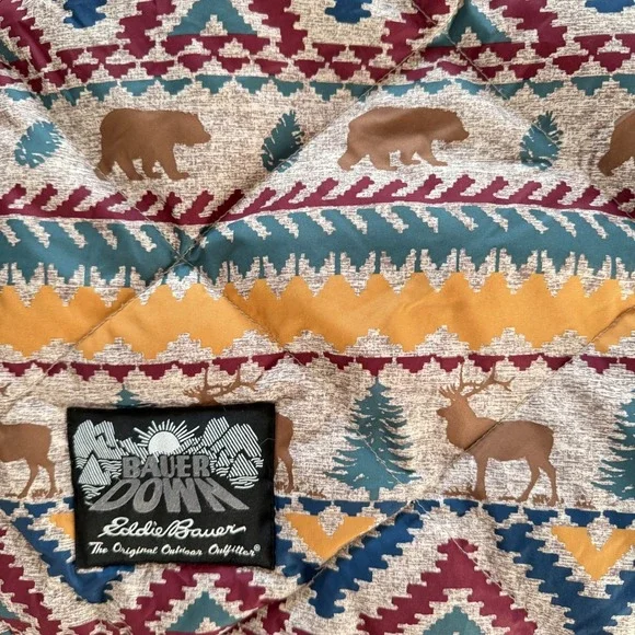 Eddie Bauer Down Throw Blanket Deer Lodge Fleece Reversible Camping Packable