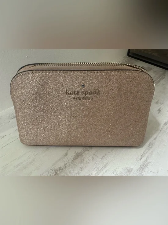 kate spade glitter zip cosmetic pouch in rose gold