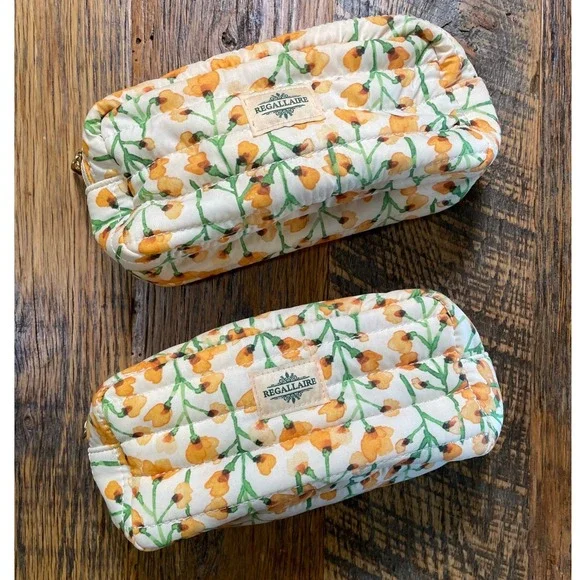 Regallaire Quilted Makeup Bag Set 2pc Yellow Floral Cosmetic‎ Pouch Travel Case