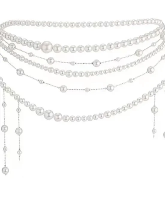 Multilayer Pearl Tassel Waist Chain Trendy Flower Waistband White Pearl Body Cha