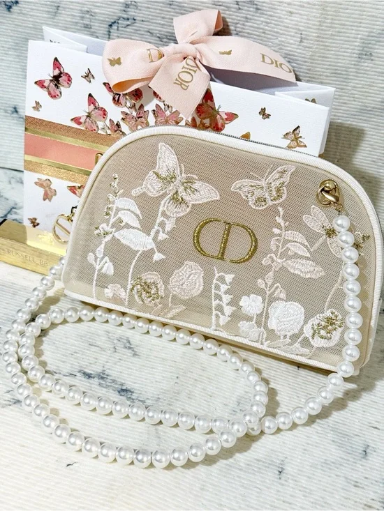 Dior Beauty Butterfly Floral Embroidered Mesh Pouch with Pearl Strap & Gift Bag