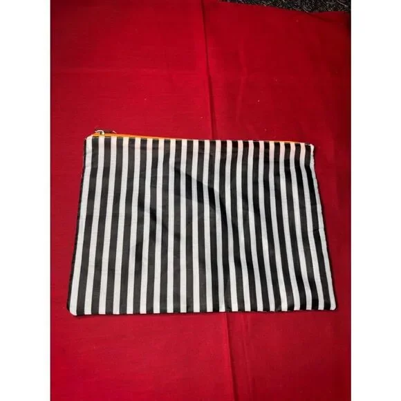 Black and White Striped Zipper Pouch with Trim