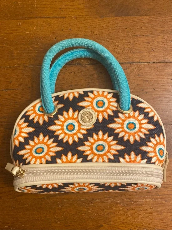 Spartina 449 Mini Cosmetic Pencil Pen Case Bag Satchel Orange Blue Floral