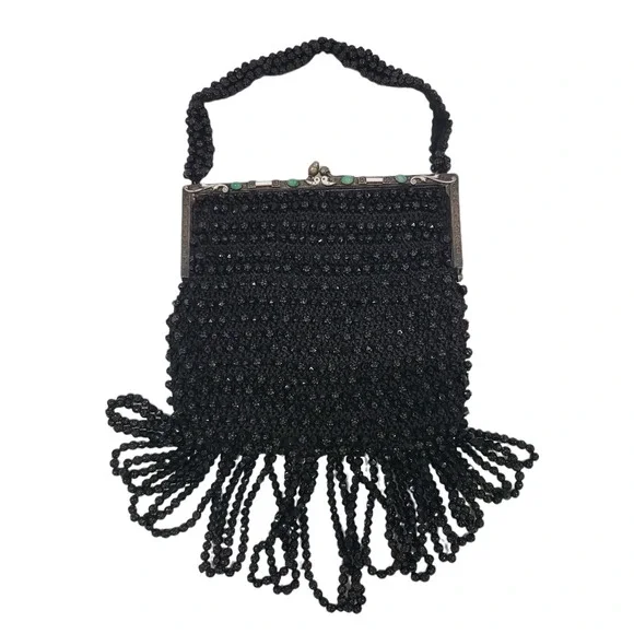 Antique Vintage 1920's Art Deco Beaded Black Flapper Handbag Purse‎ Bag