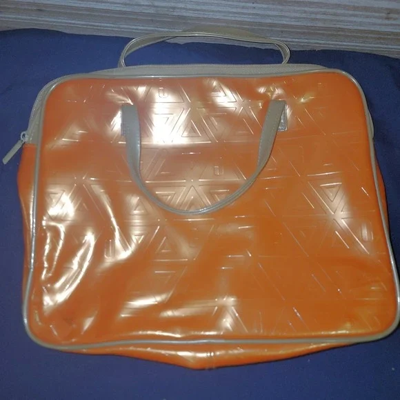 Orange Glossy Vinyl Retro Travel Cosmetic Bag Cream Trim Zip Handle‎ Case