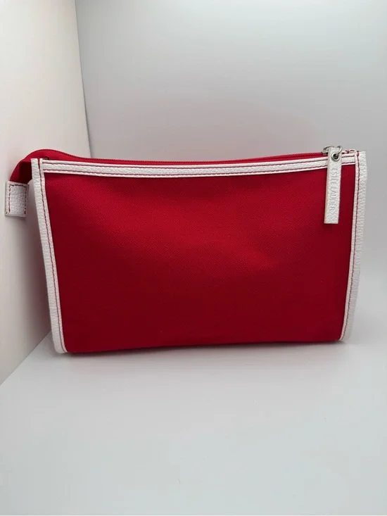 Estée Lauder Red & White Cosmetic Makeup Bag Travel Organizer Zip Pouch Case EUC