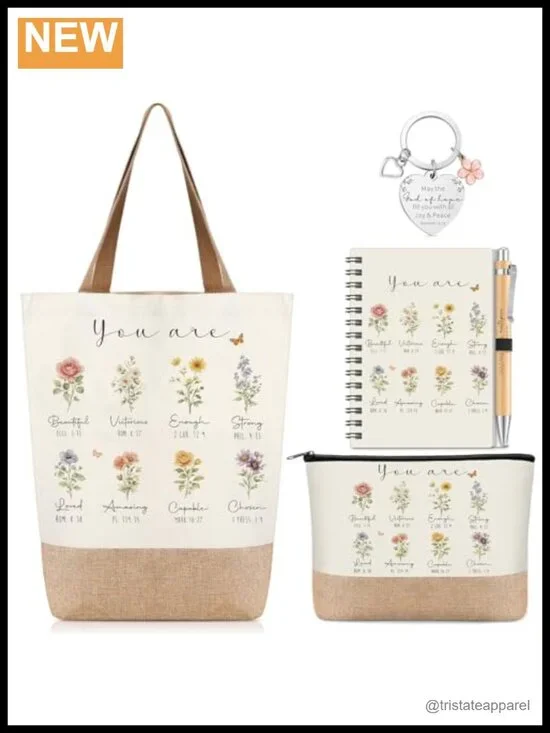 Christian Gift Set for Women Tote Bag Cosmetic Bag Notebook Keychain Pen