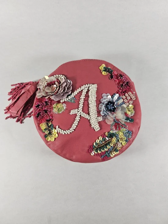 Anna Harlow Russo x Anthropologie Coral Pink Beaded 'A' Floral Tassel RoundPouch