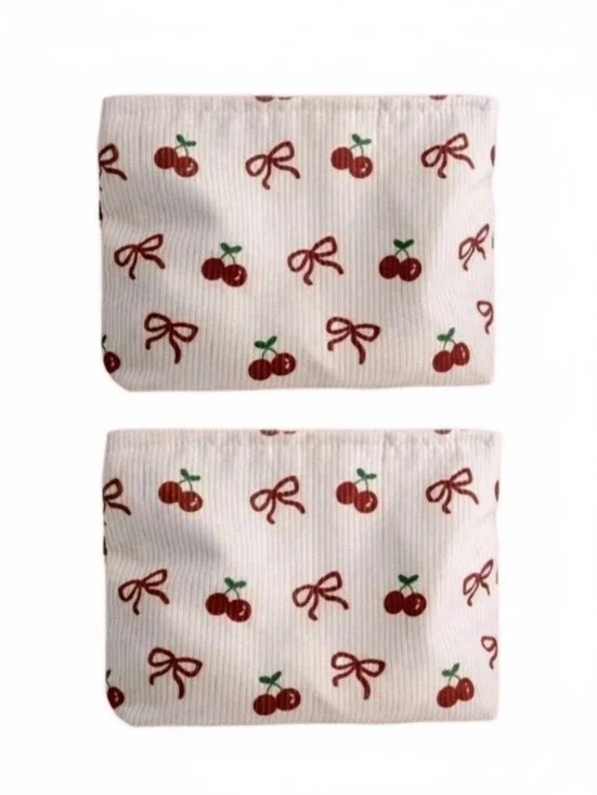 2 Pcs Cherry & Bow Corduroy Makeup Bag  Cream Cosmetic Pouch NWOT