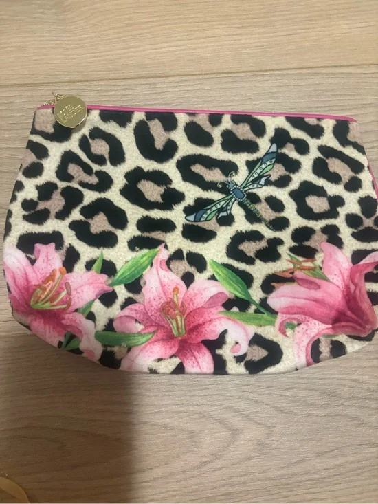 Estee Lauder Leopard Print Cosmetic Pouch with Pink Floral Trim