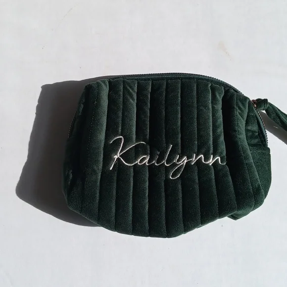 KAILYNN EMBROIDERED VELVET DARK GREEN COSMETIC BAG