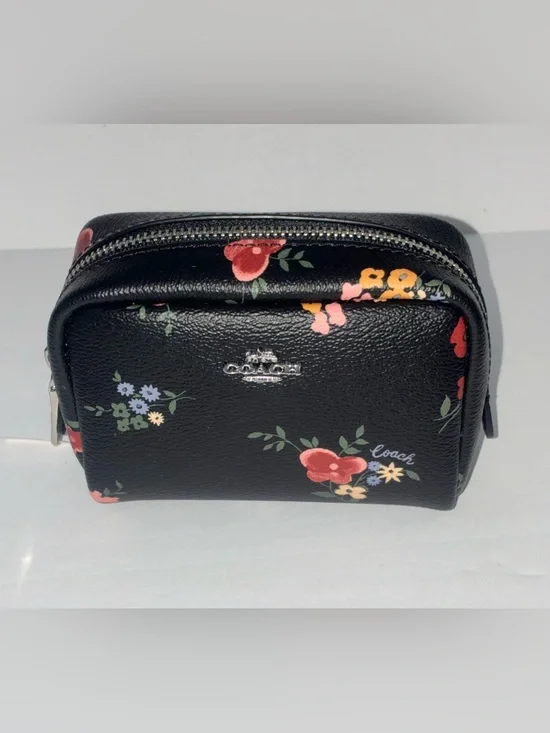 Coach Floral Mini Boxy Cosmetic Bag Case With Wildflowers Print Black Multi NWT