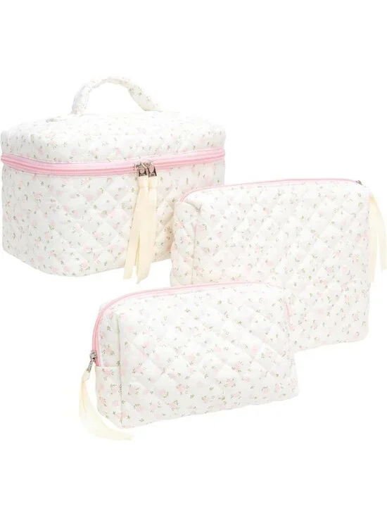 3-Piece Floral Pink Quilted Makeup Bag Set for Women | Cosmetic & Toiletry