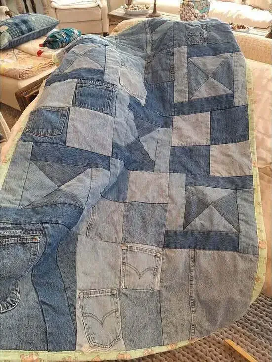 Denim vintage quilt, hand made upcycled Levis too, cotton flannel back. 58