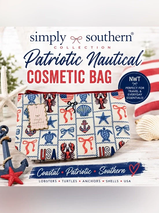 Simply Southern Patriotic Nautical Cosmetic Bag USA Lobster Coastal NWT