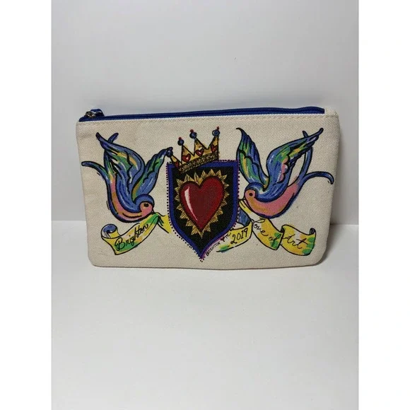 Brighton Love of Art 2019 Canvas Pouch Tattoo Swallows Sacred Heart Cream Blue