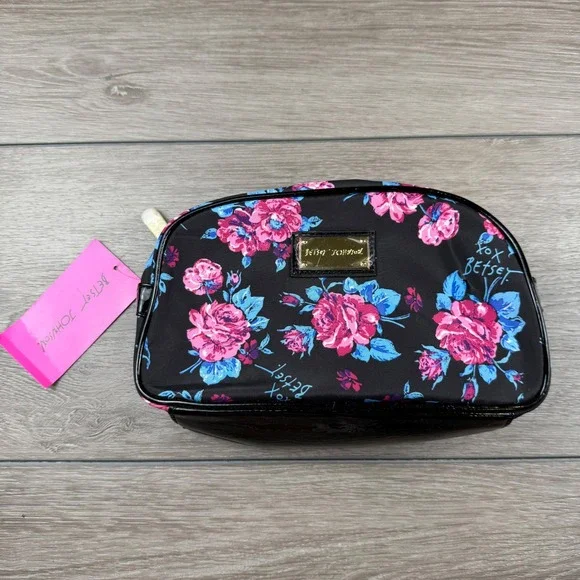Betsey Johnson Womens Makeup Bag Snap Crackle Pop Floral Black OS New