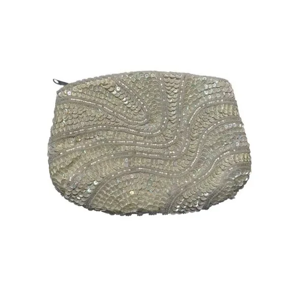 Vintage Ivory Beaded Sequin Clutch Bridal Purse 80s Formal Small Handbag Wedding