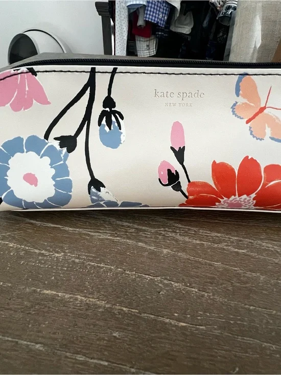 kate spade White Floral Cosmetic Pouch with Red, Blue & Pink Accents