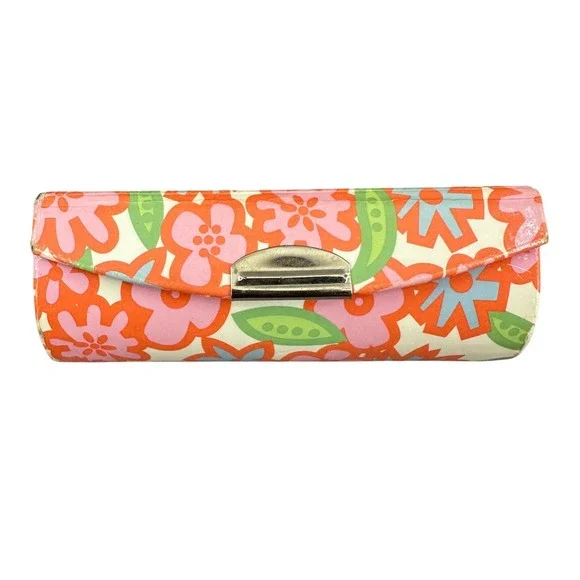 Vintage Clinique Floral Lipstick Case with Mirror Retro Pink Orange Flower Print