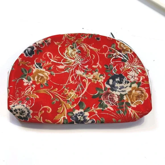Red Floral Brocade Dome Cosmetic Bag Gold Thread Embroidery Zipper Pouch 8x5.5in