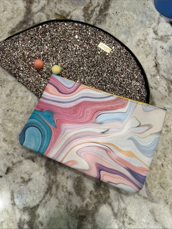 Glitter Half-Moon Pouch & Marble Print Zip Clutch - Multicolor