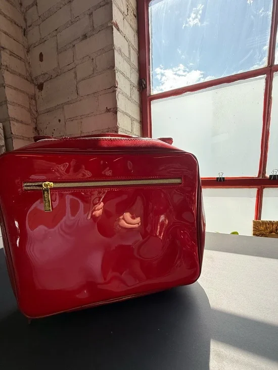Estee Lauder Red Patent Cosmetic Case with Gold Zipper