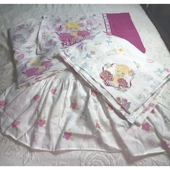 Barbie Twin Size Flat Sheet Skirt Curtain Panels Pillowcase VTG 1995