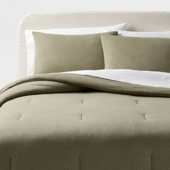 3pc King Knitted Jersey Comforter Set - Dark Olive Green Heather