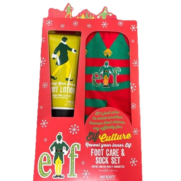 Mad Beauty Elf Foot Care & Sock Set Women's S-M Or Men's S; Swirly Gum Drop Loti