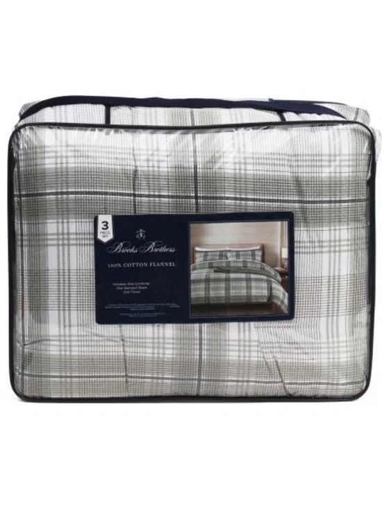Brooks Brothers Sage and White Plaid Cotton Flannel Comforter Set