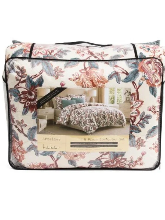Nicole Miller Floral Print Comforter Set - Cream with Blue & Rose Accents