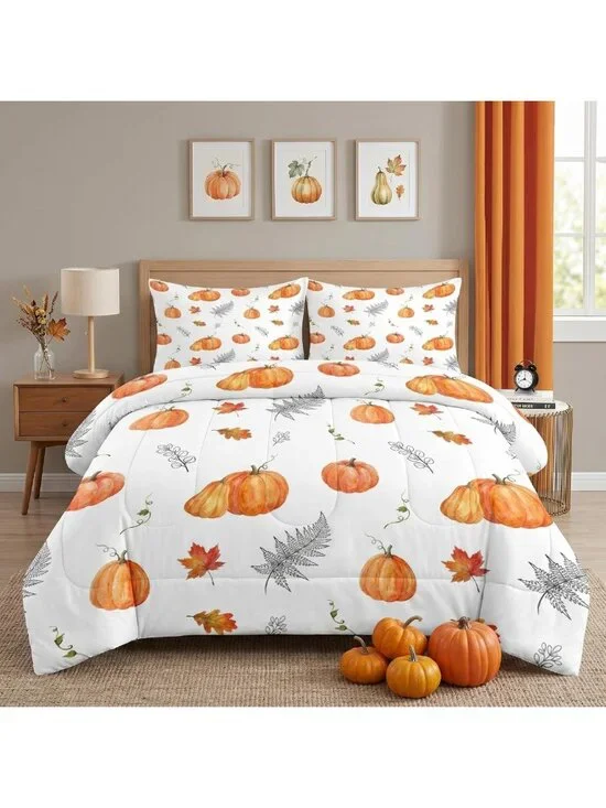 Cozy Queen Fall Comforter Set - 3 Piece Autumn Pumpkin Bedding for Seasonal
