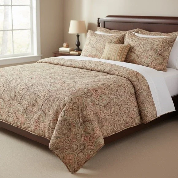 LRL Lauren Ralph Lauren Red Gold Paisley Teal Full Queen Comforter 2 Shams Skirt