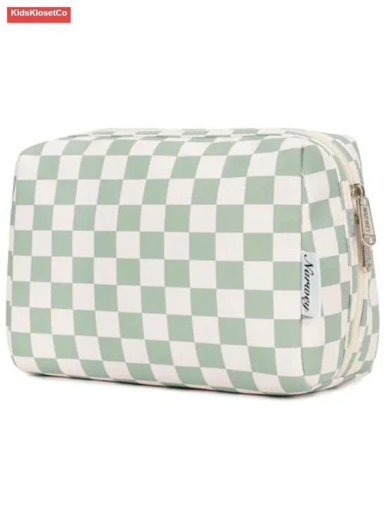 Large Checkered Makeup Bag Travel Cosmetic Organizer Toiletry with Compartments