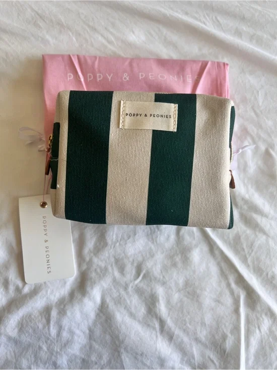 Poppy & Peonies Dark Green and Cream Striped Canvas Cosmetic Case