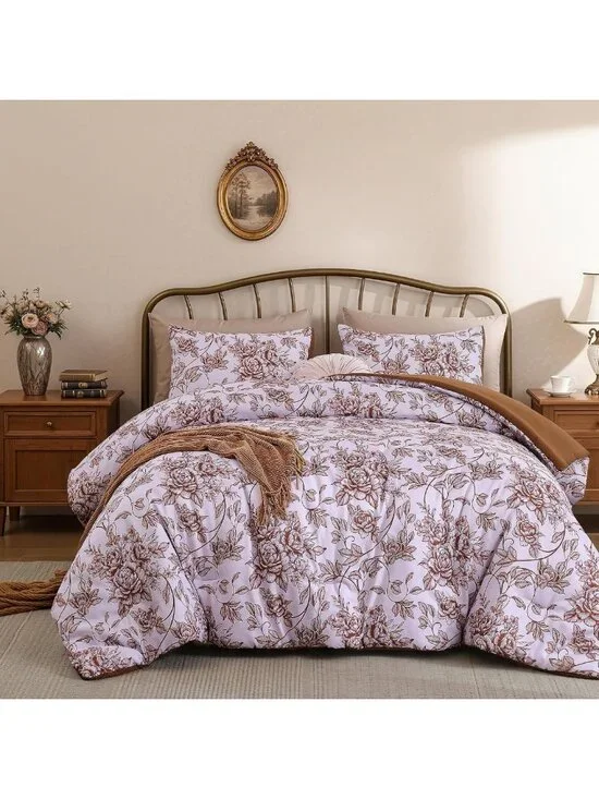 Terracotta Floral Queen Comforter Set - Shabby Chic Bedding for Cozy Home Decor