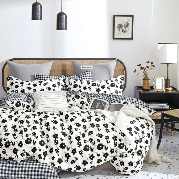 Hepburn‎ Black/White Floral 100% Cotton Reversible Comforter Set King Farmhouse